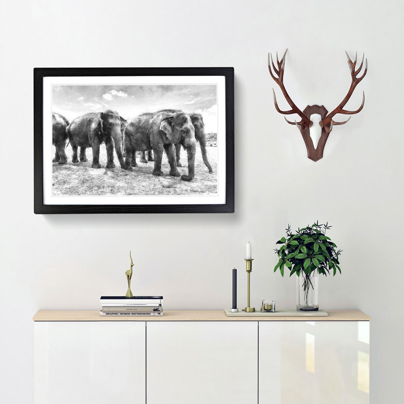 Elephants in Sri Lanka - Framed Print, 45cm H x 63cm W x 2cm D, Black Framed