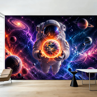 Peel and Stick Wallpaper Kids Room Wall Mural Astronaut Holding Fiery Planet Vibrant Cosmic Space Colorful Galaxies Wall Art Self Adhesive and Removable