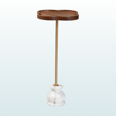 Westham Drink Table with Marble Base - Compact Pedestal Accent Table with Clover Tray Top for Living Room or Sofa Side