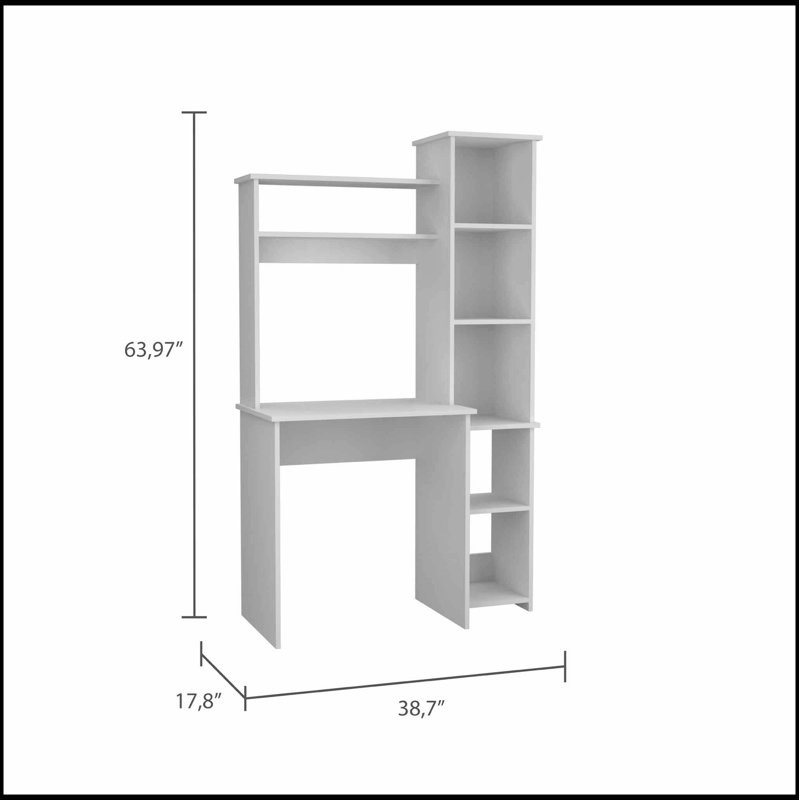 Bureau blanc à 6 tablettes avec bibliothèque intégrée, parfait pour les espaces de bureau à domicile organisés et élégants
