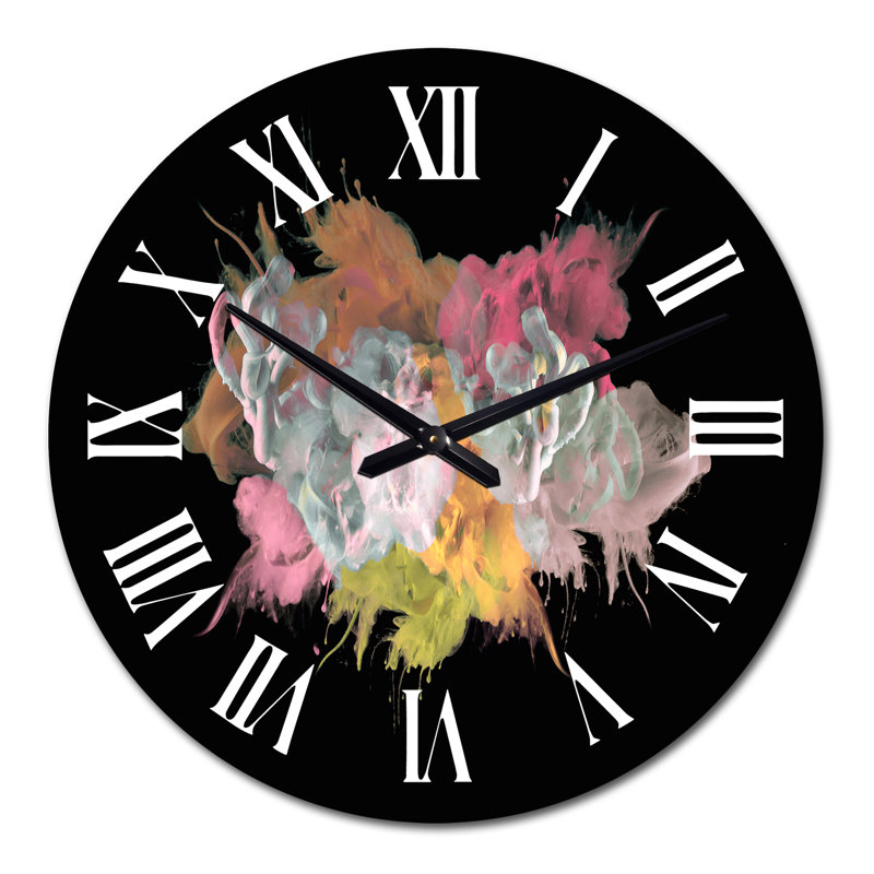Rose et jaune, art liquide abstrait - horloge murale moderne, Moyen
