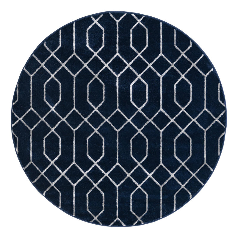 Glam Navy Blue Silver Area Rug, Round 5'3"