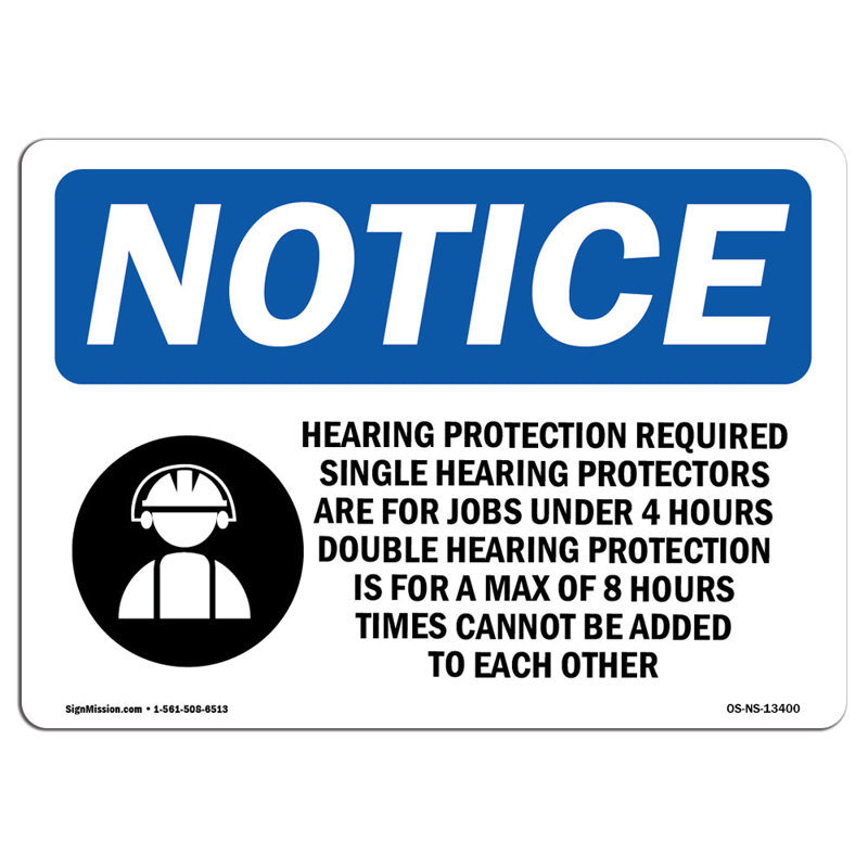 Panneau de protection auditive requis, H 18 po x l 12 po x P 0,1 po
