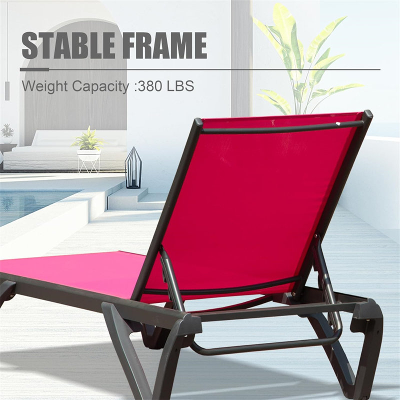 Outdoor Lounge Chair, Aluminum Plastic Patio Chaise Lounge with Side Table , 5 Position Adjustable Backrest and Wheels, Pink