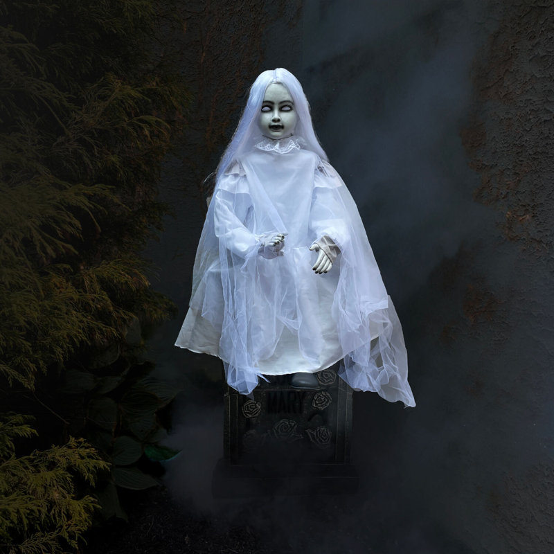 Remise pour enfants 4 pi Fille de pierre tombale d'Halloween animatronique avec fonction de conversation activée par le mouvement