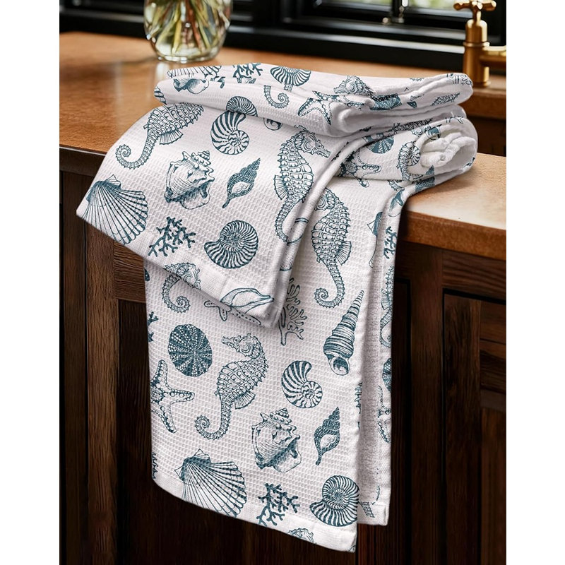 Ensemble de 2 serviettes de cuisine gaufrées en coton avec boucle suspendue, torchons absorbants, conception nautique côtière, cadeau de pendaison de crémaillère