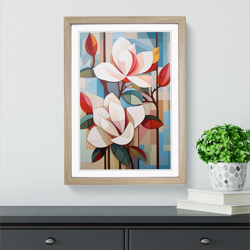 Magnolia Flower Cubism - Single Picture Frame Print on Wood, 64cm H x 46cm W x 2cm D, Oak Framed