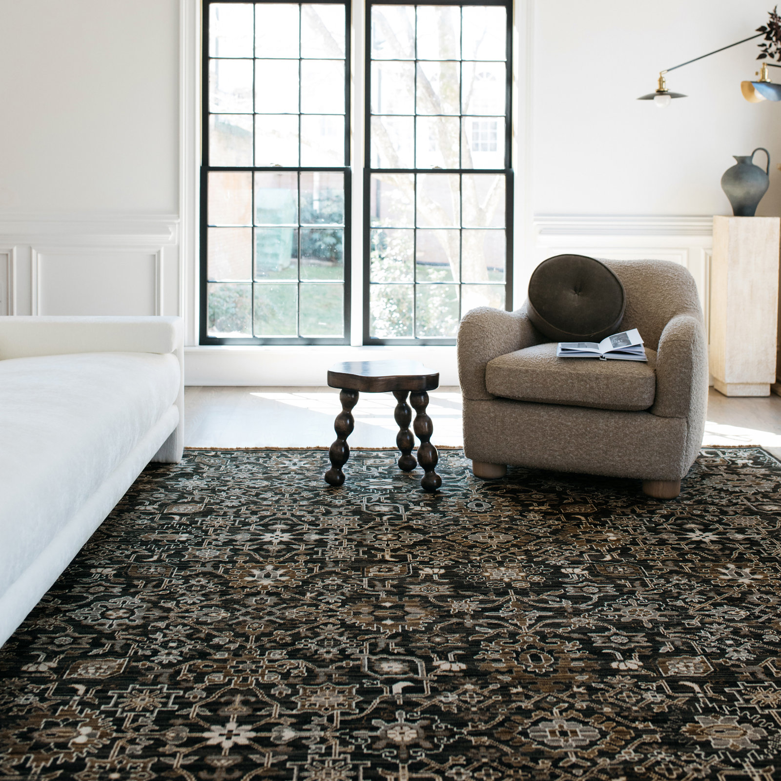 Abena Charcoal Tan Borderless Oriental Wool Rug, Rectangle 3'3" x 5'