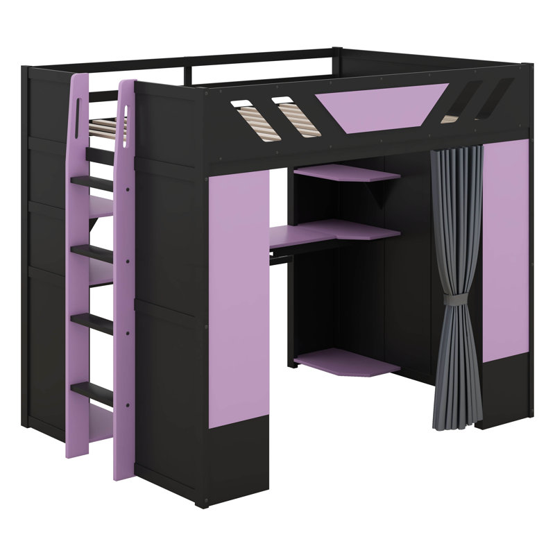 Full Size Wood Loft Bed With Built-In Workstation, Smart Storage, RGB Lighting & Blackout Curtains, Black+Purple