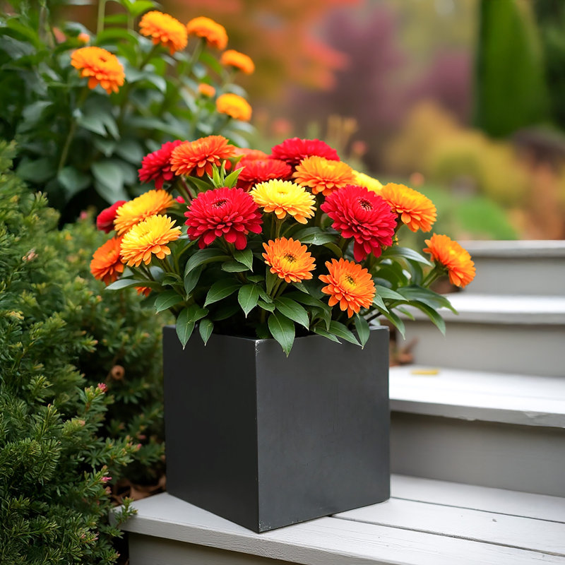 Concrete Effect Square Planter, Frostproof Reinforced Stone Outdoor Plant Pot, Garden Planter Box with Drainage Holes