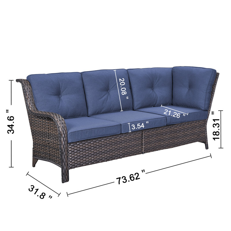 Deb 73.62" Wide Outdoor Wicker Patio Sectional With Cushions, Blue, Brown