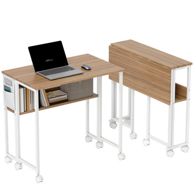 Small Folding Desk, Rolling Computer Desk Foldable with Storage Bag and Shelf, 31.5" Portable Writing Table on Wheels for Small Spaces, Home Office, Study, Easy Assembly, Natural Wood
