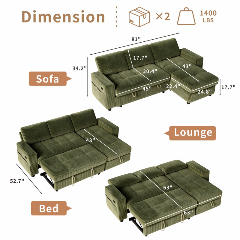 Oppelo 80" L-Shaped Sectional Sleeper Sofa Bed – Convertible Pull Out Couch with Storage Chaise & USB Charging