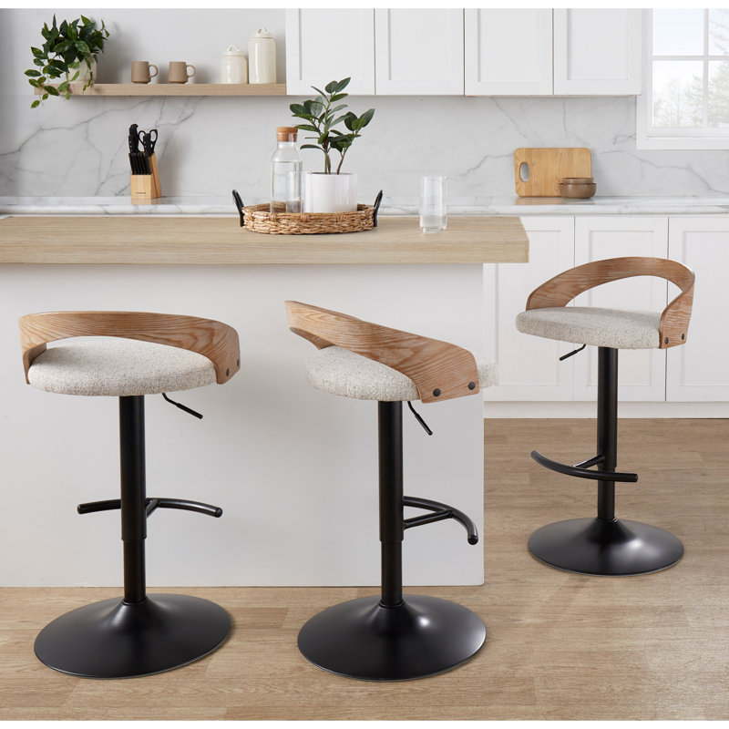 Tabouret de bar réglable avec pivot, Kaki / Noir, Gris clair / tissu