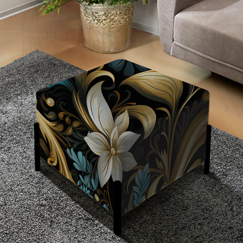 Fleurs de damas noires et dorées - repose-pieds carré damassé