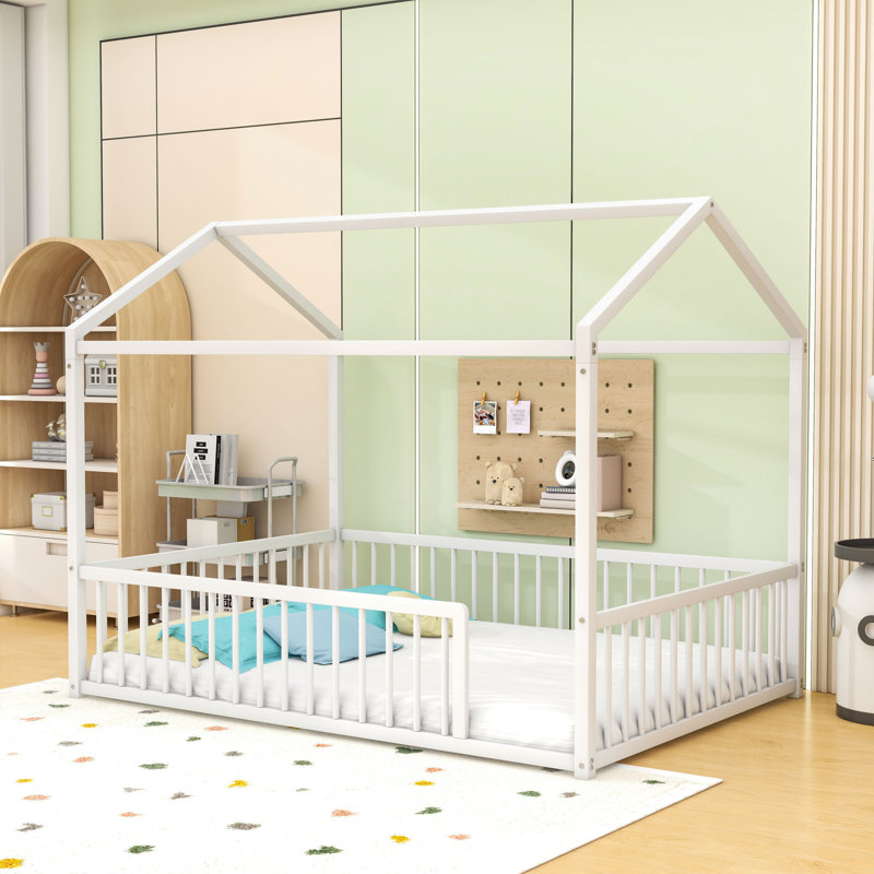 Metal Floor Bed With House Shaped And Fence, Full, White