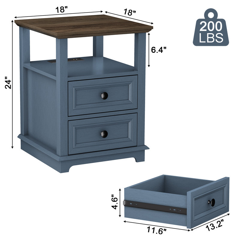Table de chevet 2 tiroirs avec rangement et prises intégrées Chaky, Bleu, Ensemble de 2