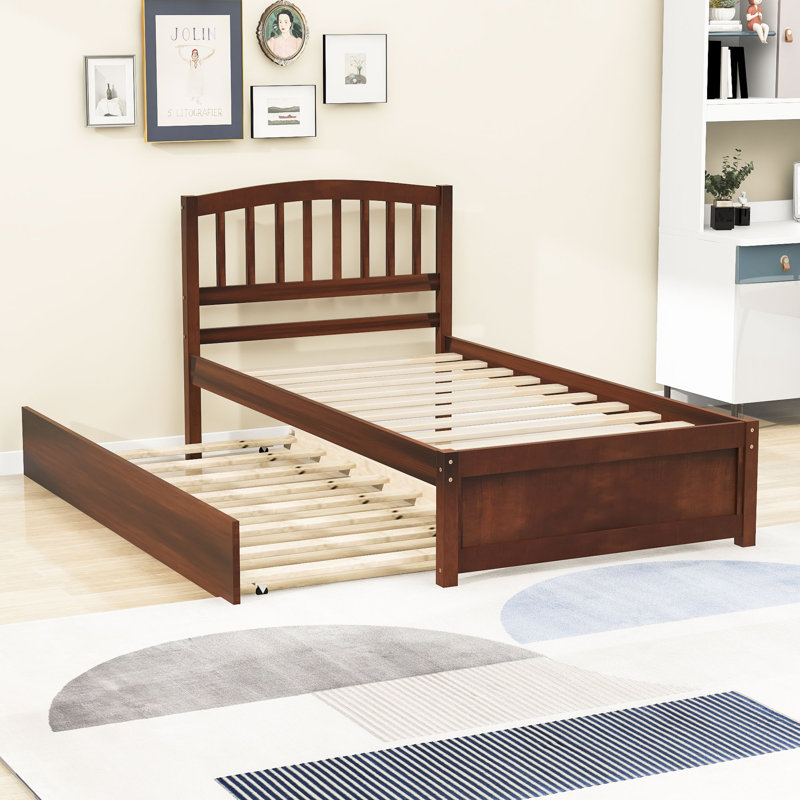 Twin Size Wooden Platform Bed with Trundle, Walnut