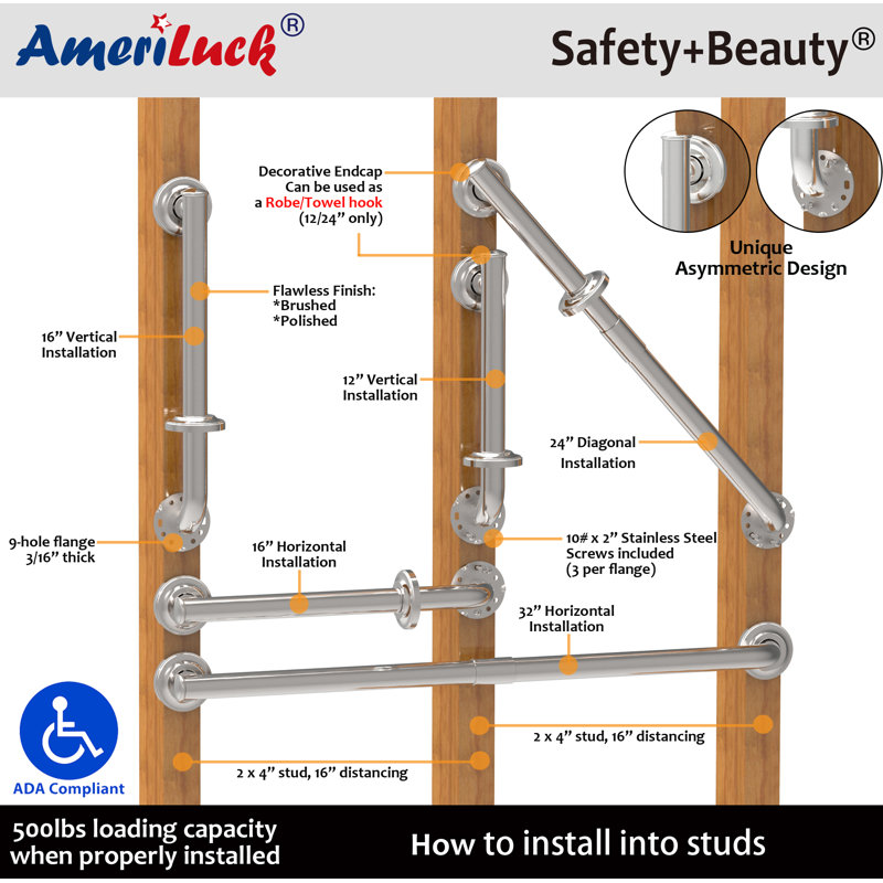 Barre d'appui 16 po Ameriluck, L 12 po, Nickel brossé
