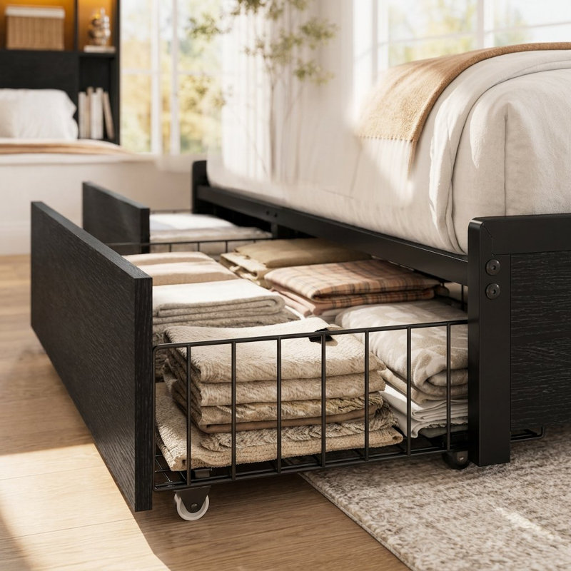Haute tête de lit double avec 4 tiroirs de rangement et charge USB intégrée, éclairage à DEL réglable, noir, Noir, Double
