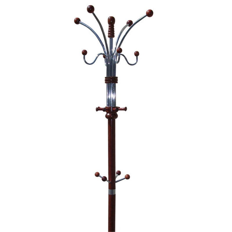 73" Tall Chrome And Wood Coat Rack, Cherry Finish, Cherry