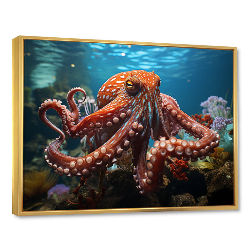 The Graceful Octopus - Décoration murale pieuvre, H 12 po x l 20 po x P 1 po, Cadre flottant doré