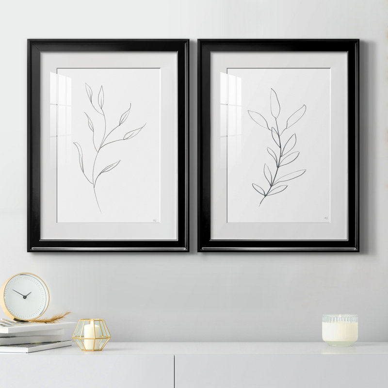 " Botanical Gesture I " 2 - Pieces, 20" H x 17" W x 1" D, Black Framed Paper, White