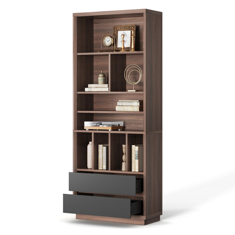Bibliothèque de 78,7 po avec 2 tiroirs et 9 cubes de rangement ouverts, bibliothèques modernes en bois pour le bureau personnel, le salon et le bureau