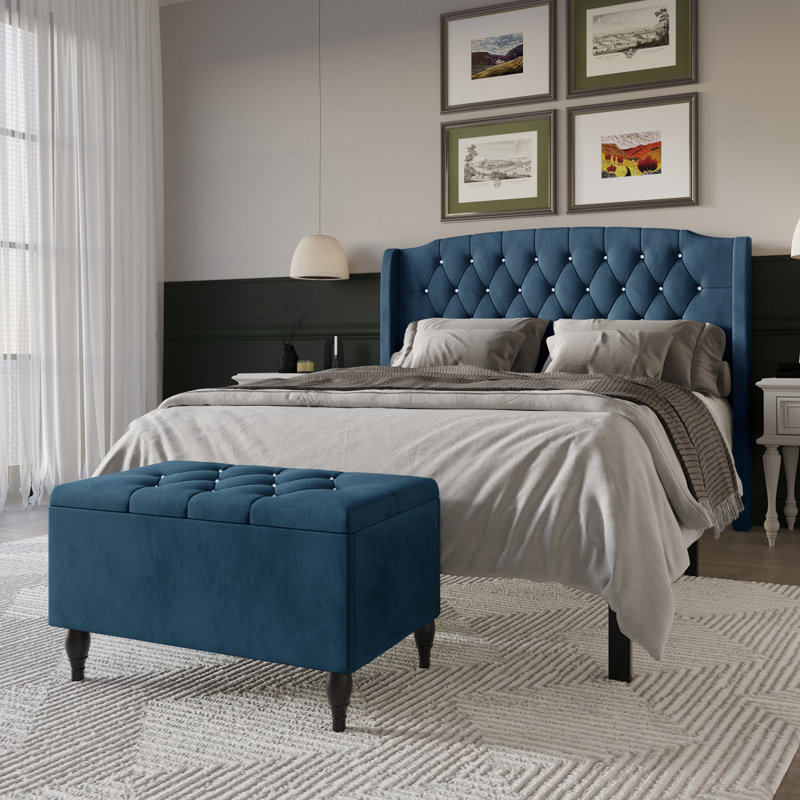 Tyreese Upholstered Bed With Storage Bench, Full, Navy Blue