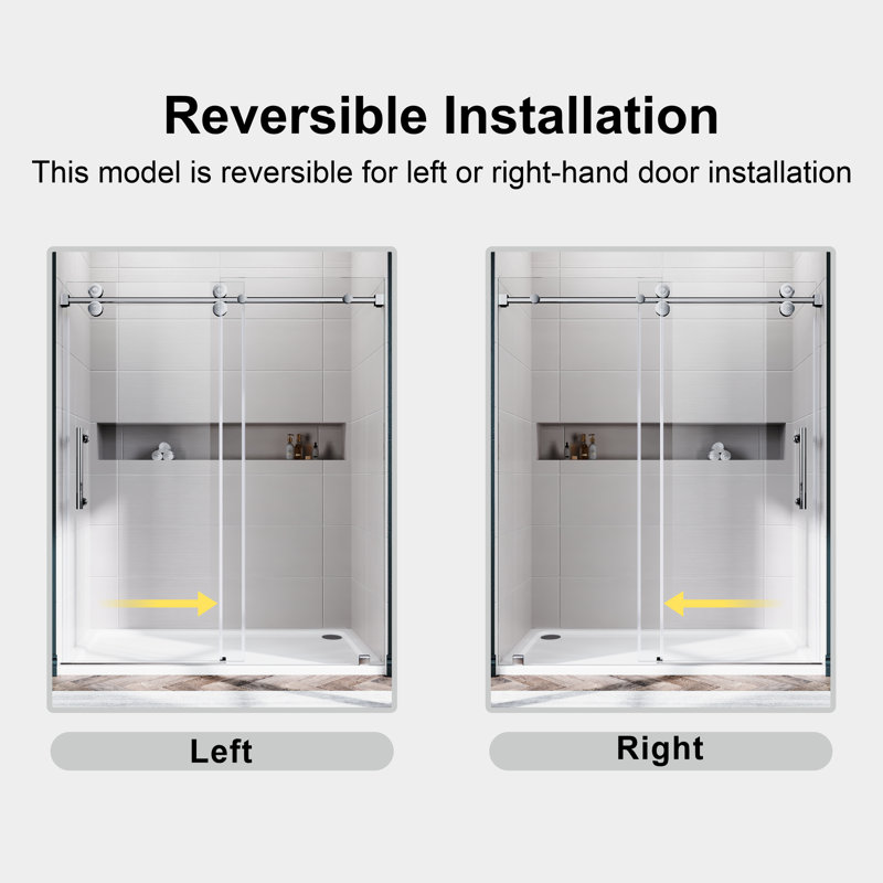 UKS04 61"-65" W x 80" H Frameless Sliding Shower Door in Brushed Nickel with 3/8" (10mm) Clear Tempered Glass, 65" W x 80" H