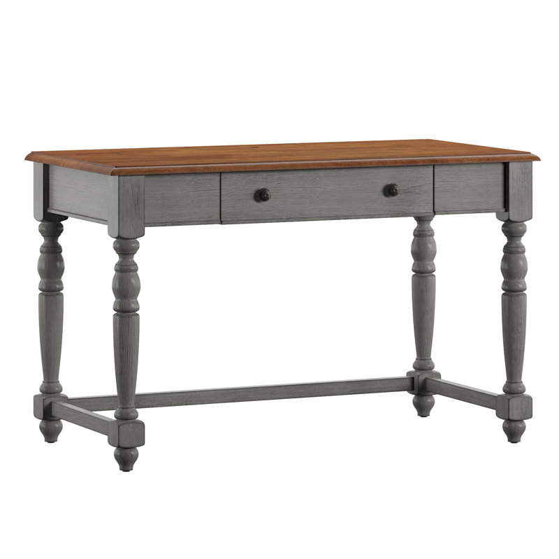 Avarie Solid Wood Writing Desk with Power Outlet, Antique Gray