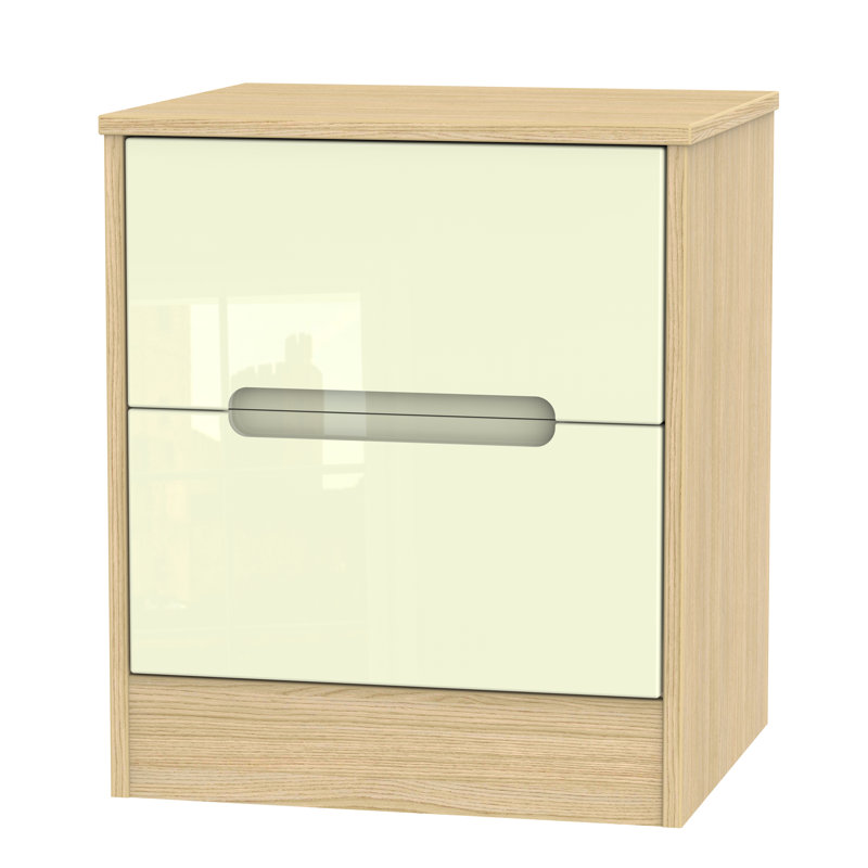 Fully Assembled Vernon 2 Drawer Bedside Table, Cream Gloss/Oak