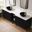 Ensemble de meuble-lavabo double autoportant 72 po avec lavabos 72 po, armoires de rangement rayées 2 x 30 po + tablette ouverte amovible 12 po, 2 vasques noires à motif de cuve en pierre avec comptoir blanc de Carrare, noir-1207210798