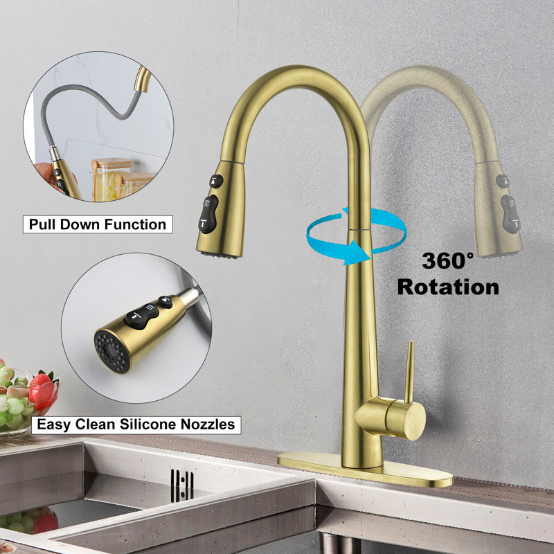 Pull Down Single Handle Kitchen Faucet, Brushed Gold