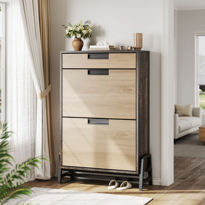 Armoire de rangement pour chaussures autoportante étroite - 2 tiroirs tournants, 1 tiroir coulissant, 3 tablettes réglables pour le vestibule - L'armoire brune contraste avec la surface du tiroir en bois naturel