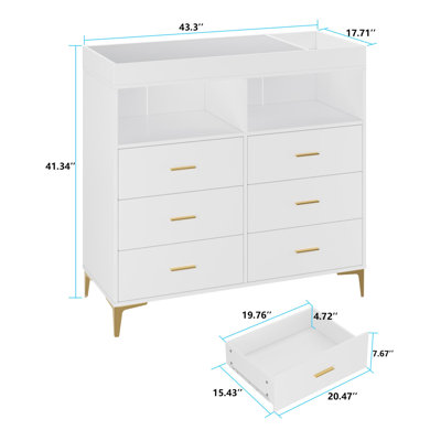 6-Drawer Baby Changing Table Dresser - Convertible Nursery Dresser for Infant Essentials, Modern Changing Table Top with Pad Included