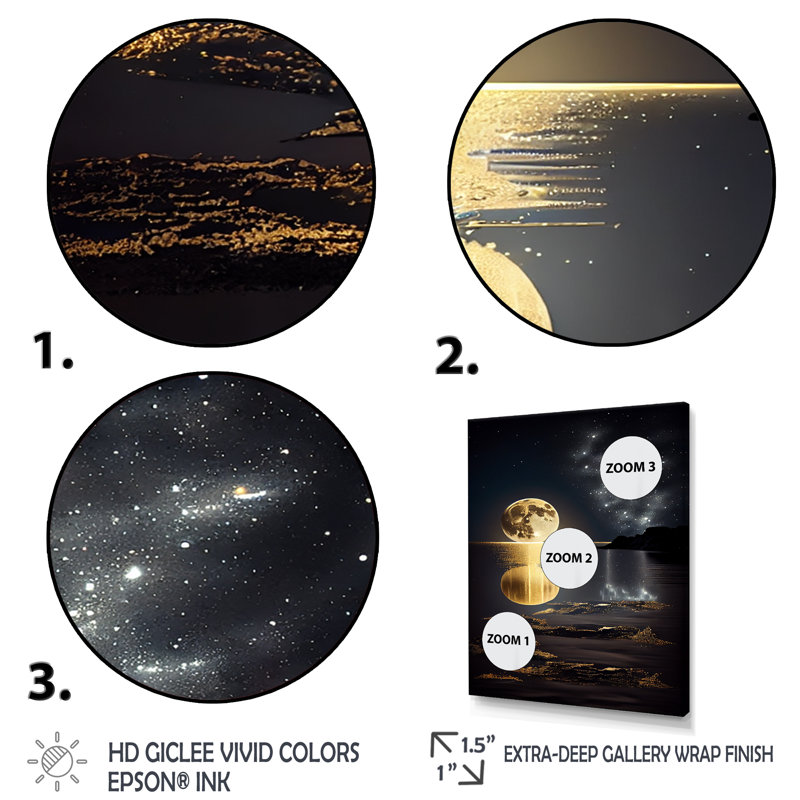 «Golden Full Moon Beach Dream By Night Shore», reproduction sur toile, Cadre doré à une seule photo, H 40 po x l 30 po