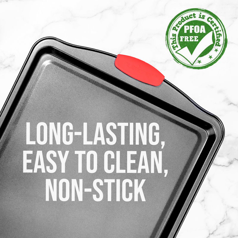 Large Black Nonstick Carbon Steel Cookie Sheet with Red Silicone Handles