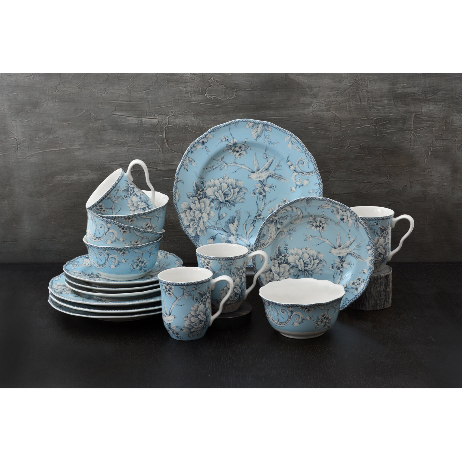 Adelaide Porcelain Dinnerware Set - Service for 4, Floral, Light Blue