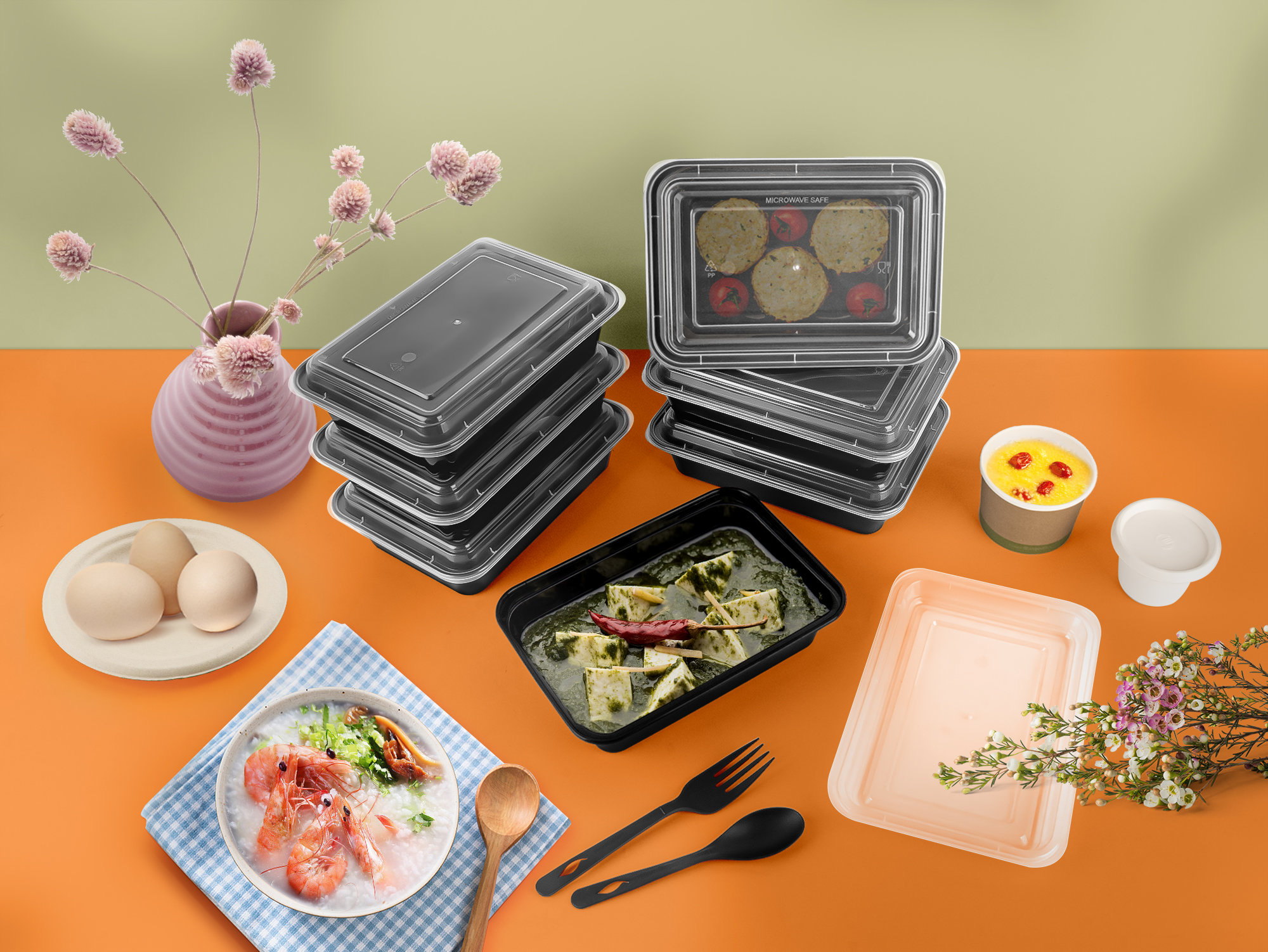 24oz Black Meal Prep Rectangle Single Compartment Food Containers.