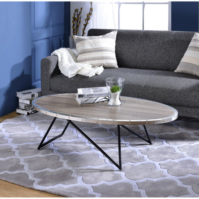 Table basse à base ovale en métal, plateau en chêne gris patiné, largeur 46 po, bordure limitée 70 lb, hauteur bois 14,59 po
