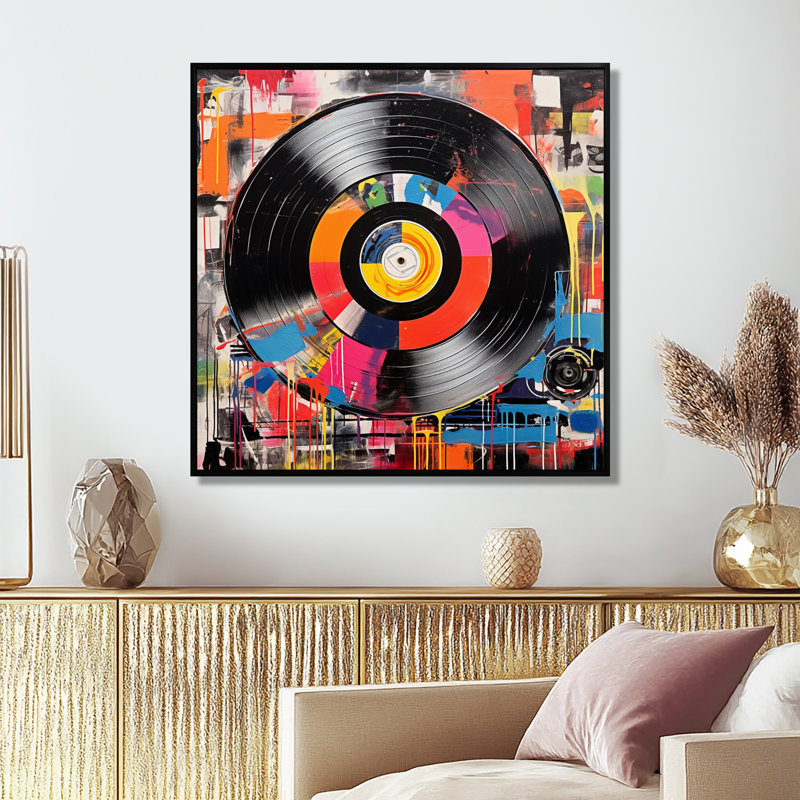 Coloré rétro vinyle III - Disques vinyle, art mural, Cadre flottant noir, 44" H x 44" W
