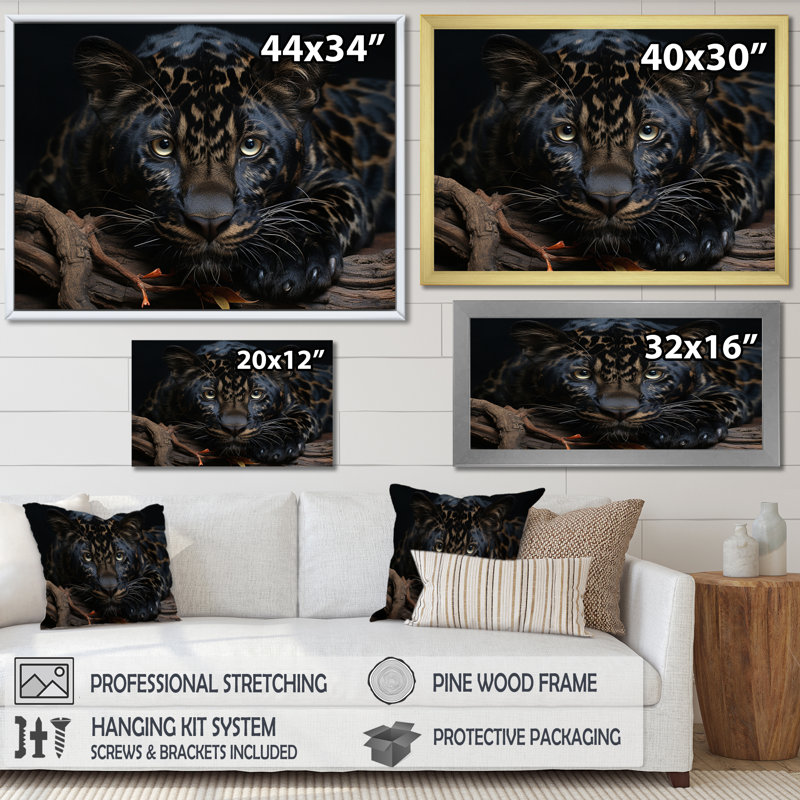 Black White Panther Portrait - Animals Canvas Wall Art, Cadre simple noir, H 12 po x l 20 po x P 1 po