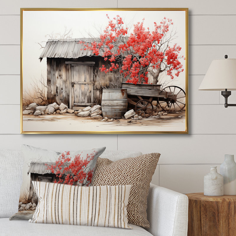 Grange rustique élégance II - art mural grange, Cadre flottant doré, H 24 po x l 32 po x P 1 po