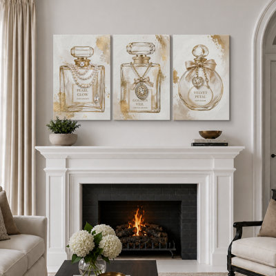 Gold Pearl Perfume Bottle Glam Artwork, Bathroom Pictures, Framed Canvas Giclee Print 3 Pieces Wall Art