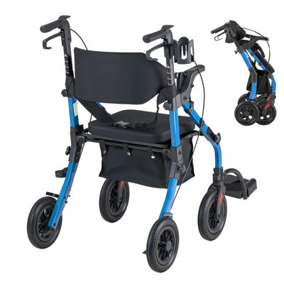 2-in-1 Rollator Walker & Transport Chair For Seniors, Foldable Rolling Walker Wheelchair, Lightweight Aluminum Mobility Aid With Solid Pu Wheels & Cup & Cane Holder – Supports 300 Lbs