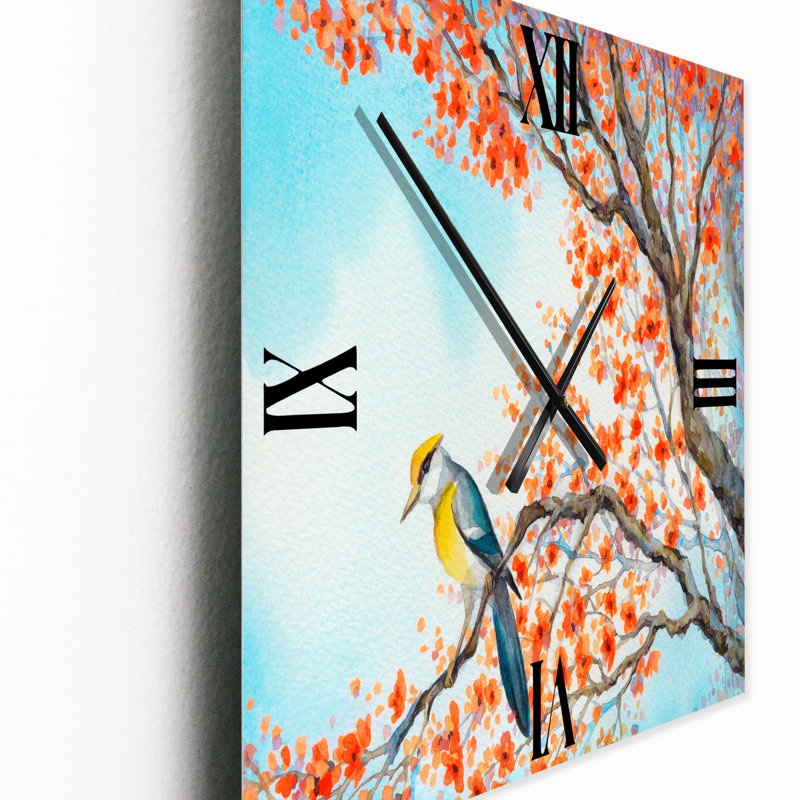 Bel oiseau orange sur une branche en fleurs - Horloge murale traditionnelle, Très grand