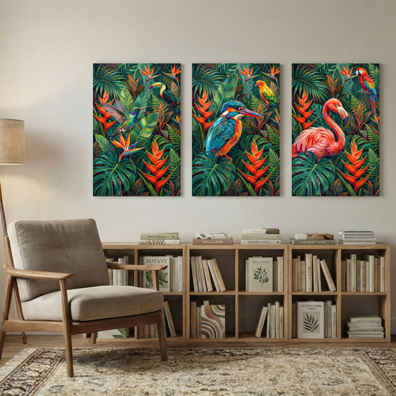 Animaux, oiseaux tropicaux et feuillage luxuriant, ensemble de 3 impressions sur toile, H 18 po x l 36 po