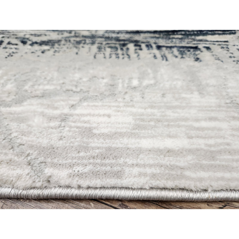 Tapis bleu Davide 1229 - motif transitionnel moderne, texture douce haute-basse, Rond 7 pi 10 po