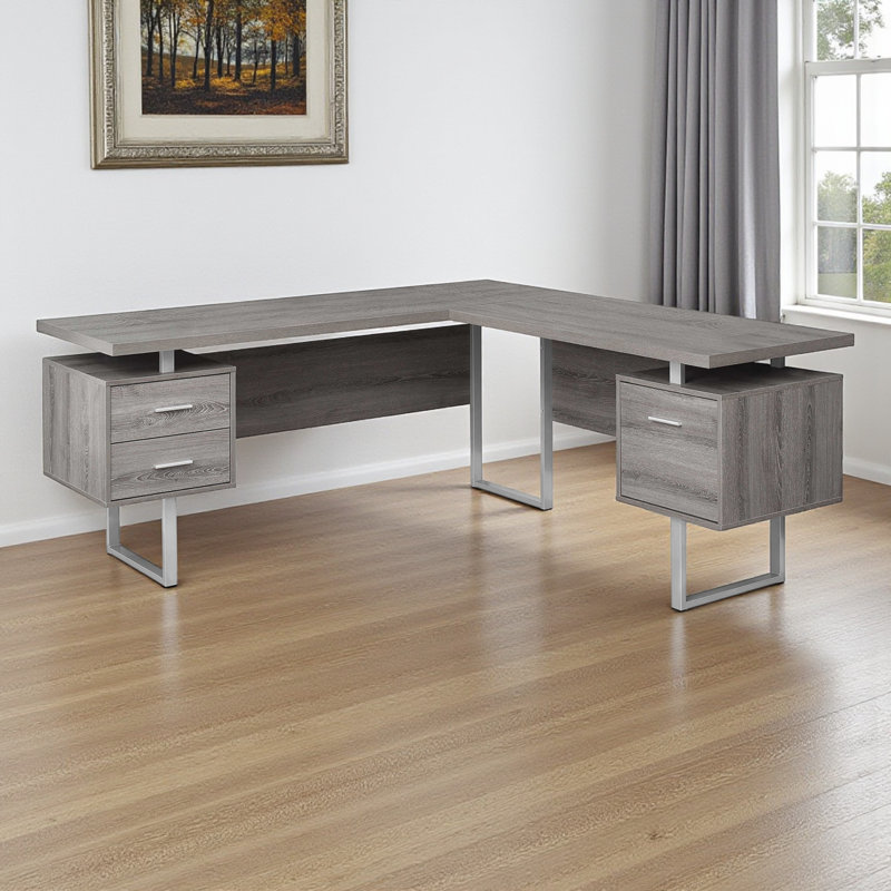 Iveliz Brown Finish 2-Drawers Computer Desk with Silver Metal Leg, 29.74" H X 70.81" W X 70.81" D